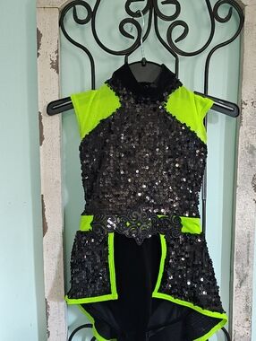 Weissman Neon Green and Black Sequin Dance Costume